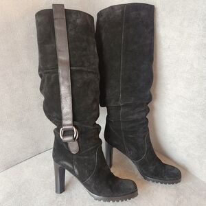 Tapeet Vicini heeled boots 10 black suede knee high lug sole slouchy Made Italy